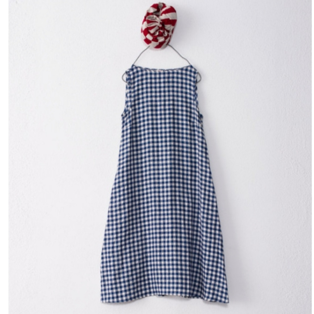 Apuntob Blue & White Linen  Sleeveless Gingham Midi Dress Large